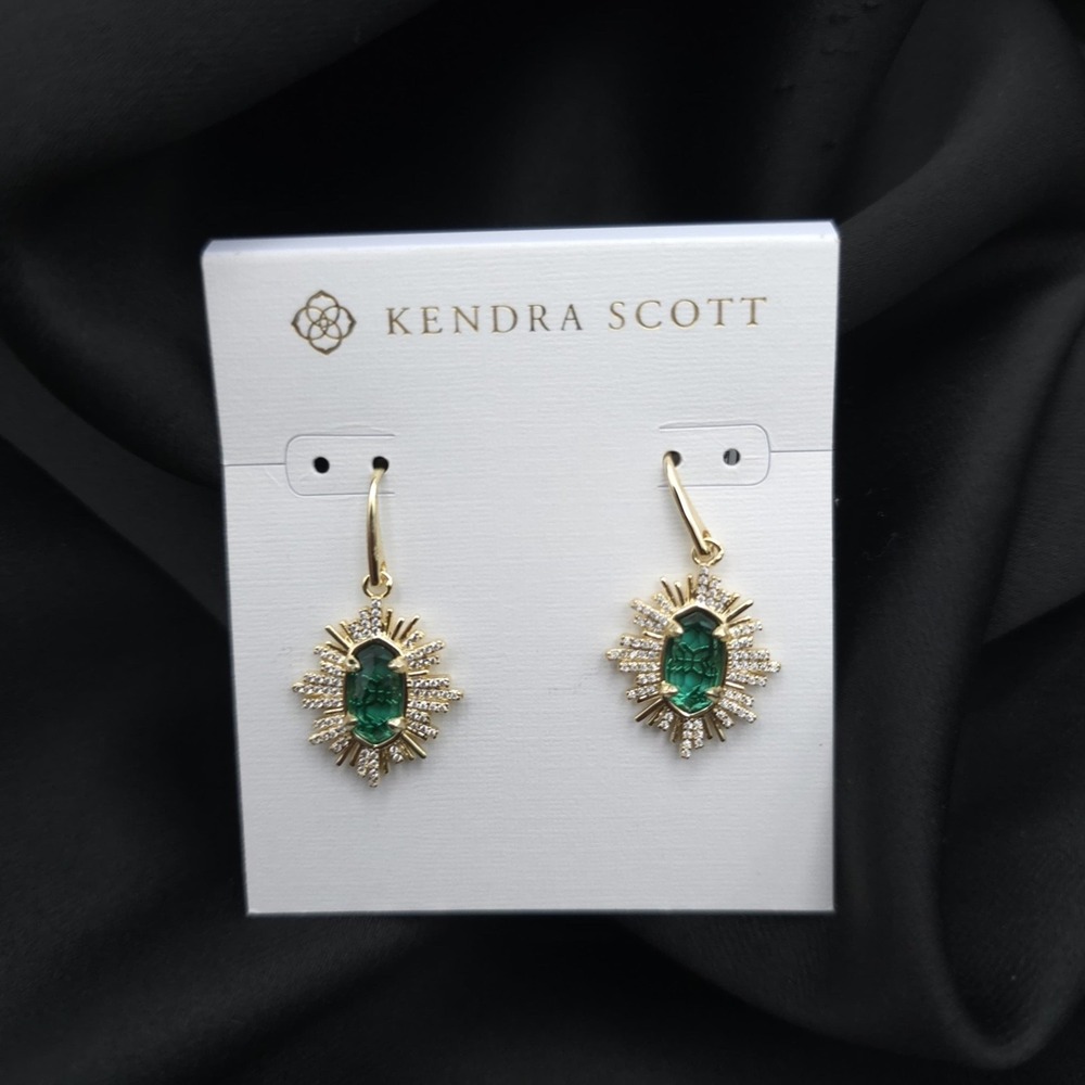 KENDRA‎ SCOTT New Grayson Sunburst Green Crystal Gold Drop Dangle Earrings